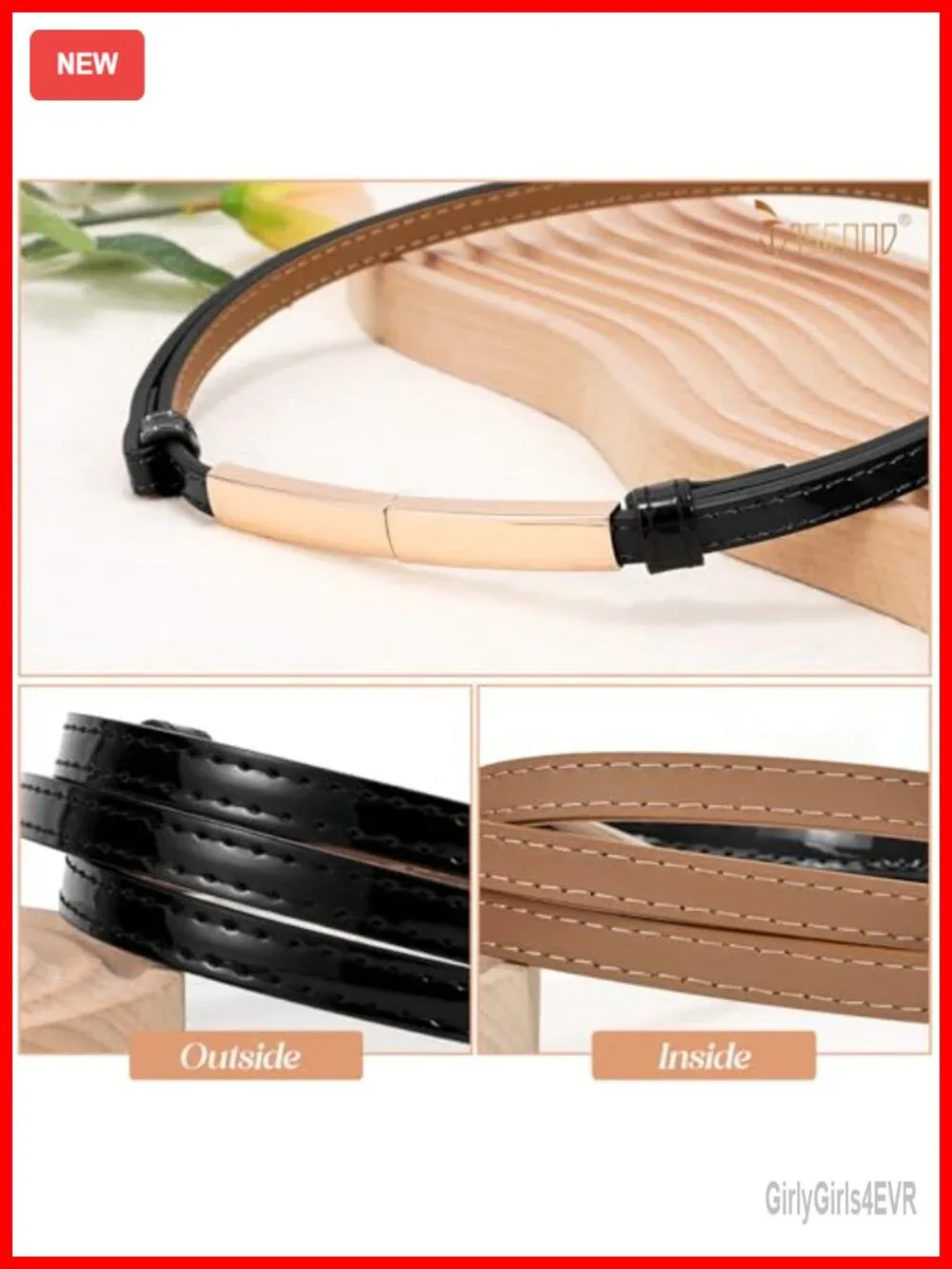 Patent Leather Skinny Women's Belt with Gold Square Buckle, Adjustable,